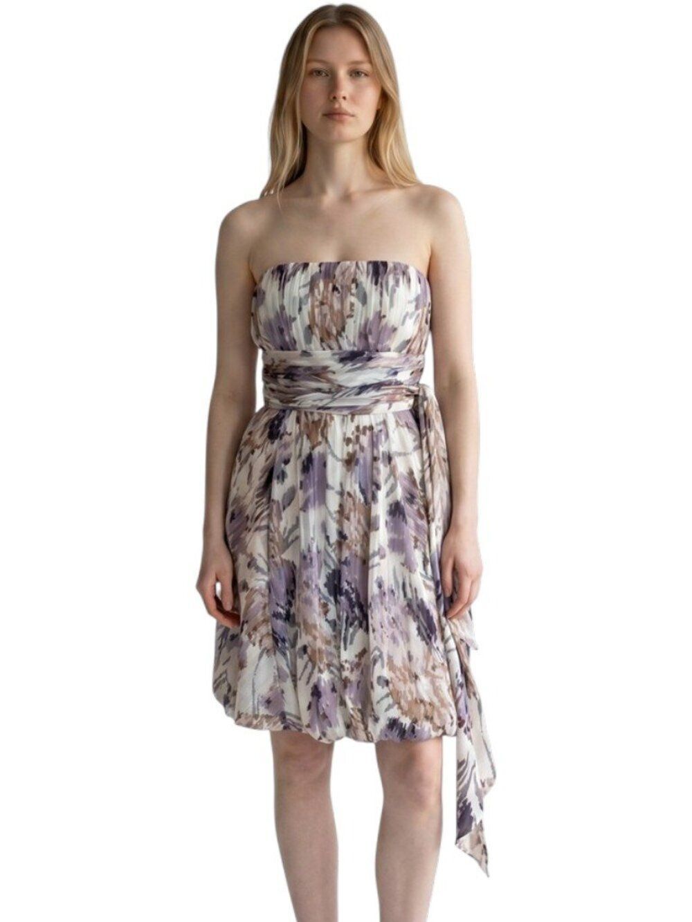 Bcbgmaxazria Silk Strapless Bubble Hem Cocktail Party Dress Sash Watercolor Sz 8